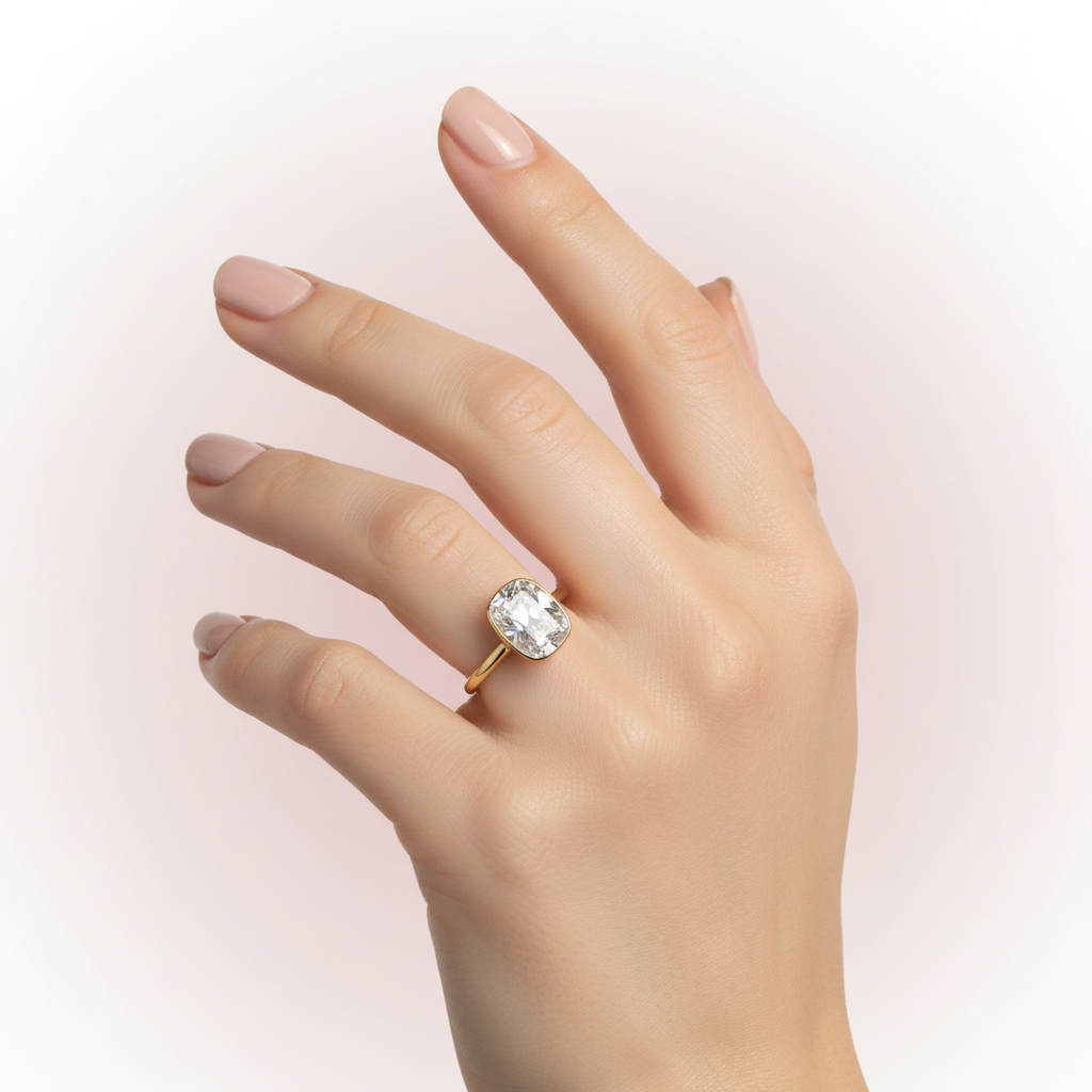 Anillo solitario cojín en montura bezel