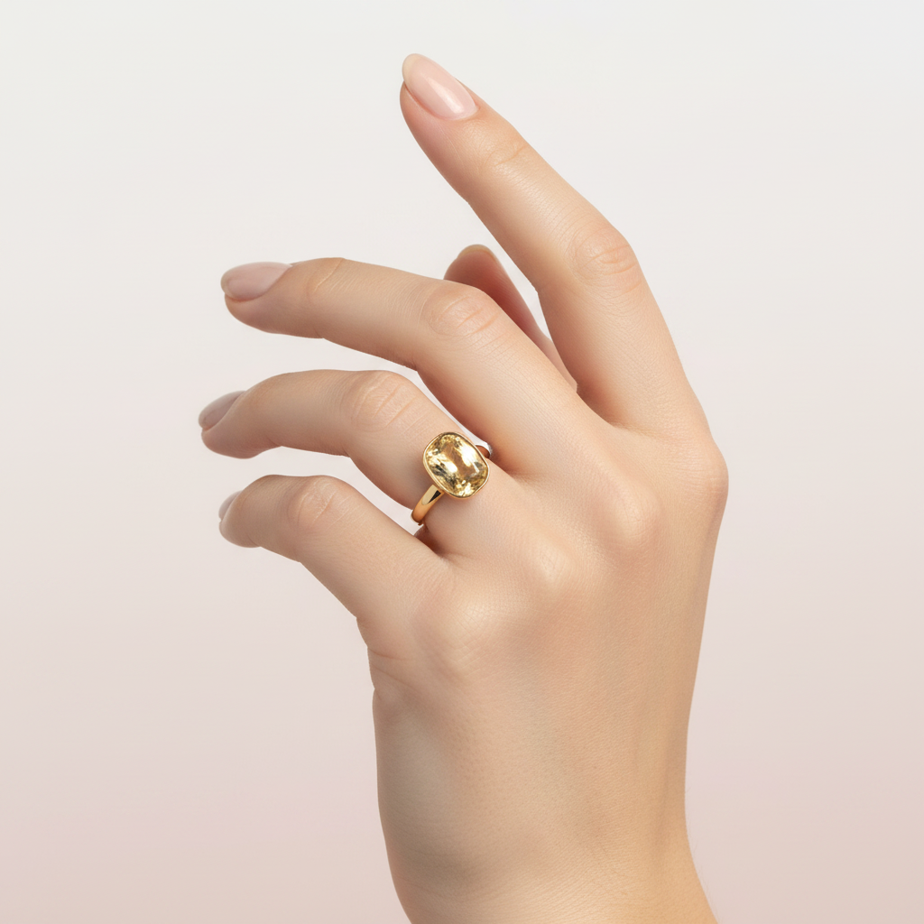 Anillo solitario cojín bezel con piedra amarilla pálida