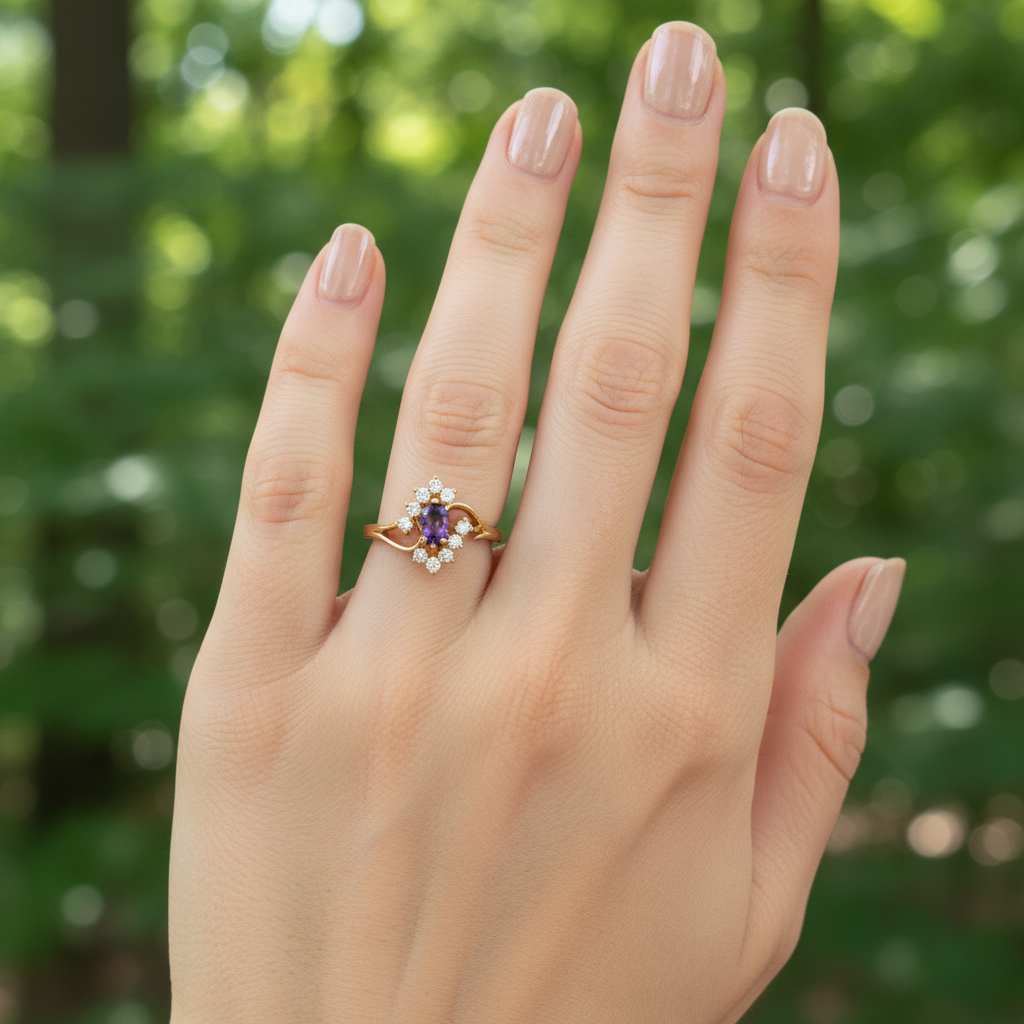 anillo de flor con piedra central morada.