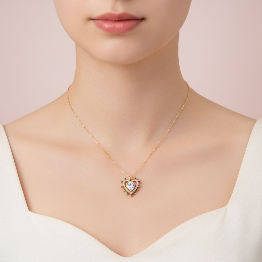 collar de corazón blanco con rayos multicolor