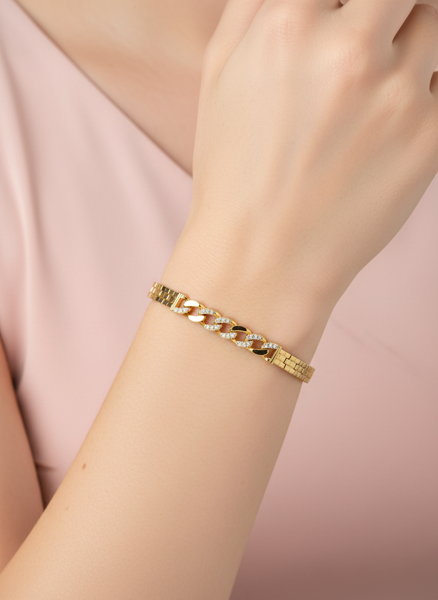 Pulsera Tipo Reloj con Eslabones Cubanos y Pavé
