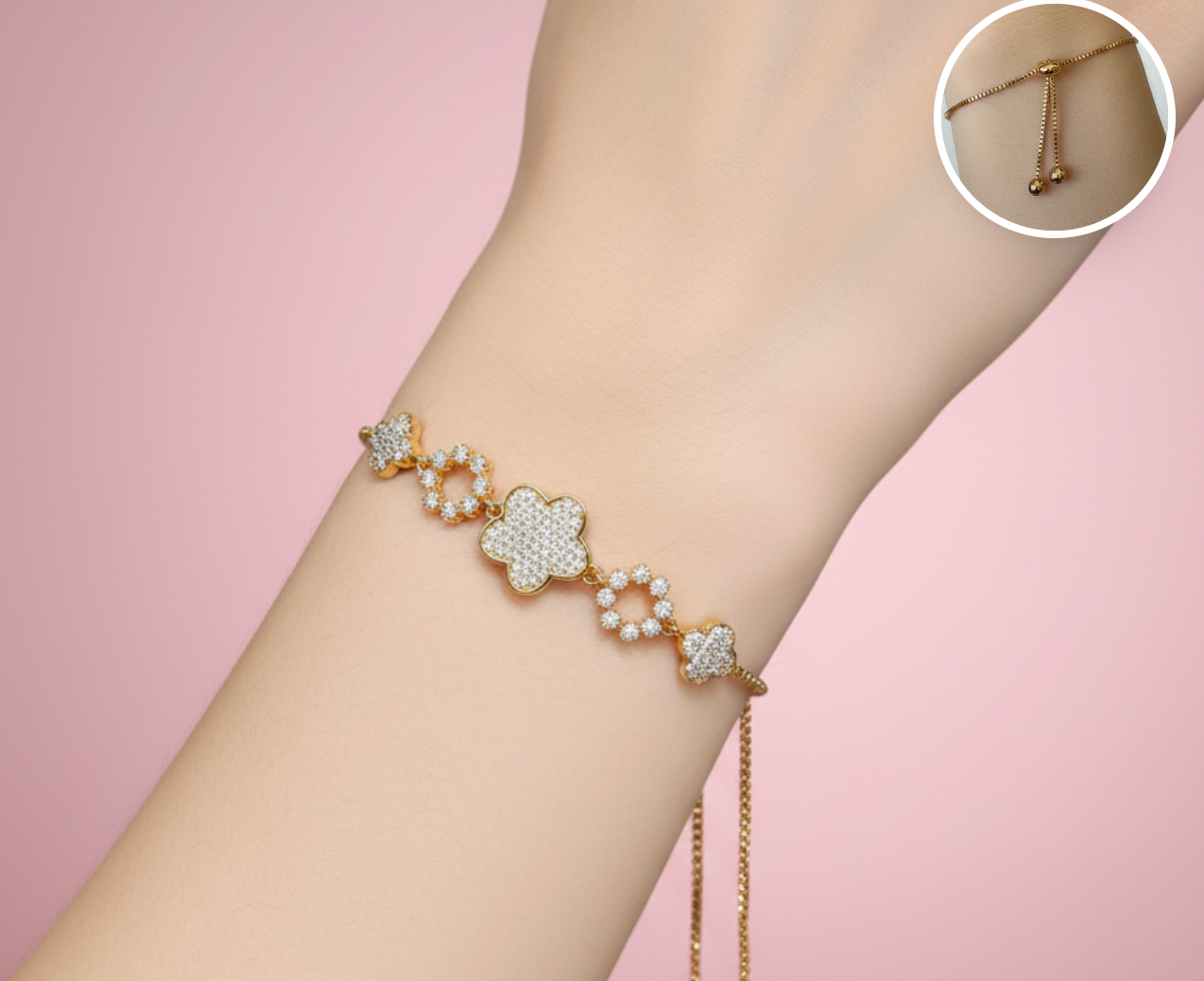 pulsera de flores de cuatro pétalos con zirconia