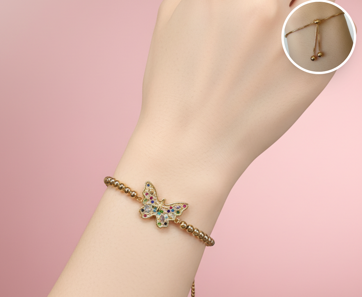 pulsera de bolitas con dije de mariposa multicolor