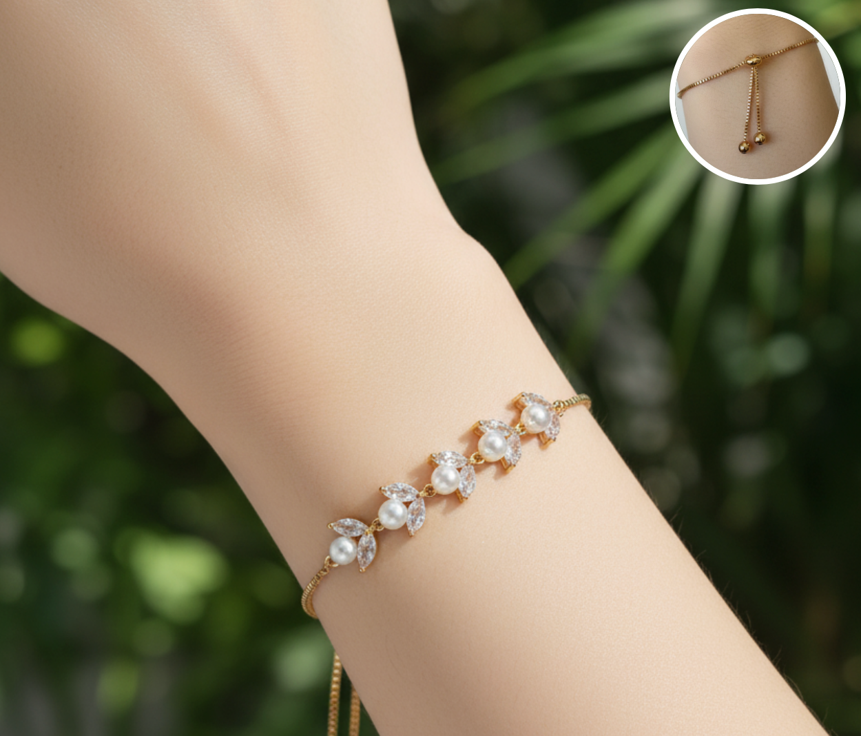 Pulsera Hojas con tipo perlas Ajustable