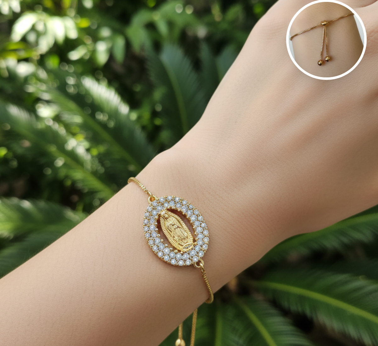 pulsera de la Virgen de Guadalupe con zirconia