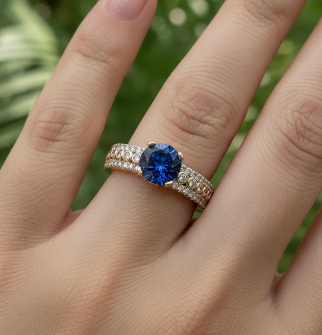 anillo zafiro azul row pave