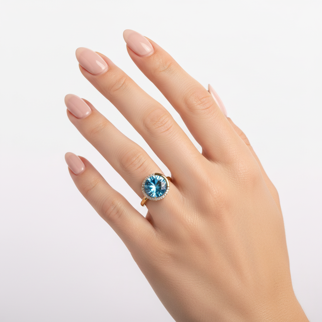 Anillo cocktail de topacio azul con halo