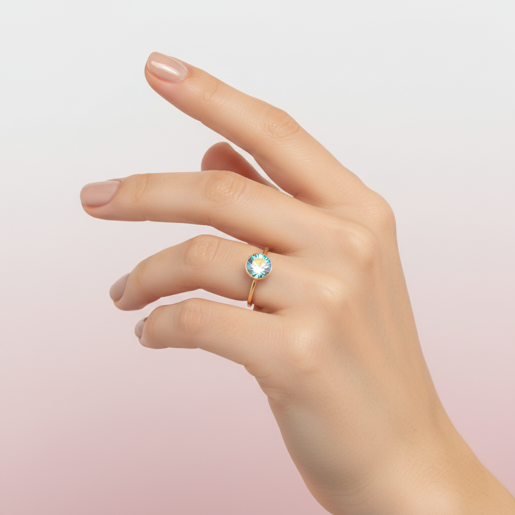 Anillo solitario bezel con piedra Tornasol