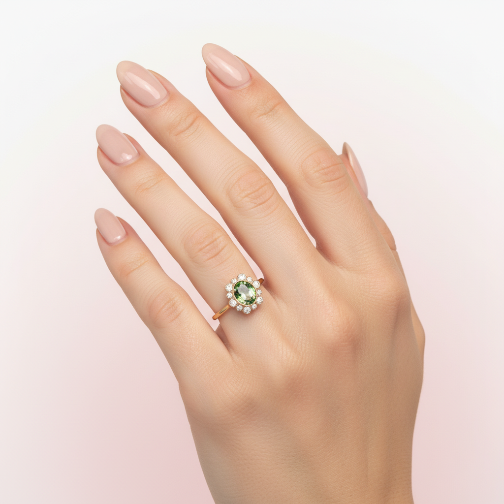 Anillo de piedra verde con halo floral
