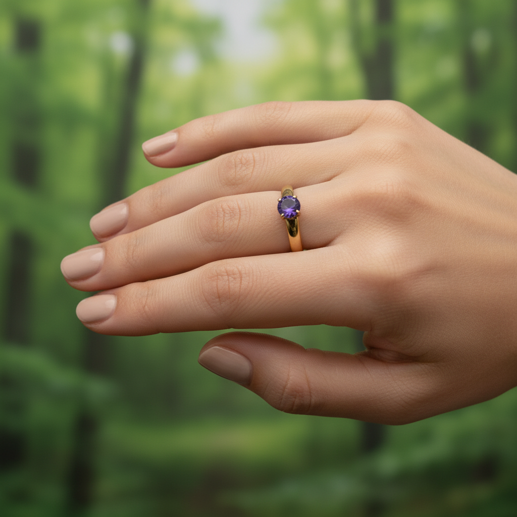anillo de compromiso solitario con piedra morada