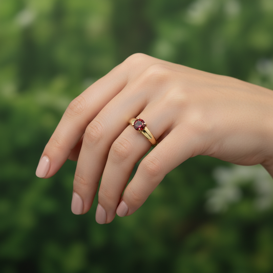 anillo de compromiso solitario con piedra roja