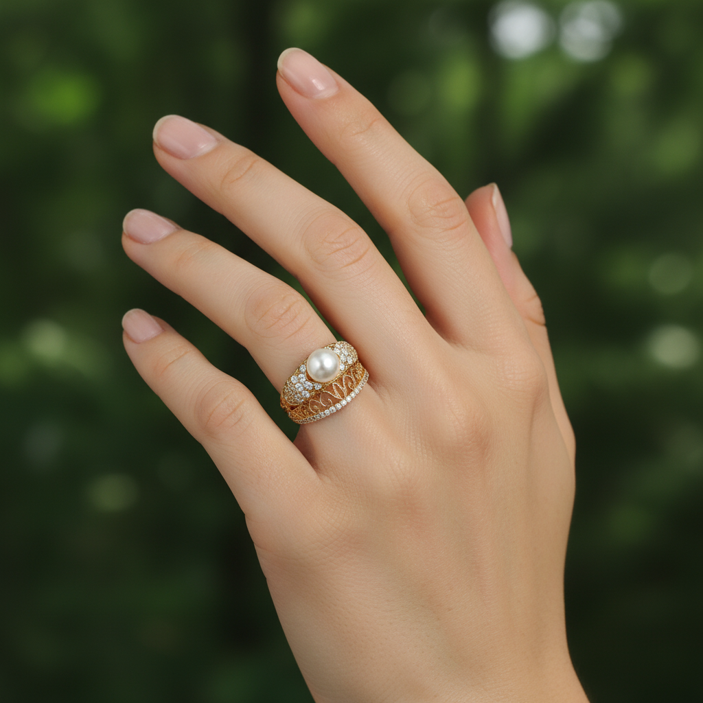 anillo de perla con filigrana