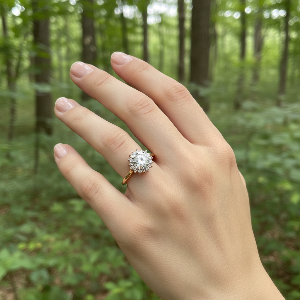 anillo solitario con halo de baguettes