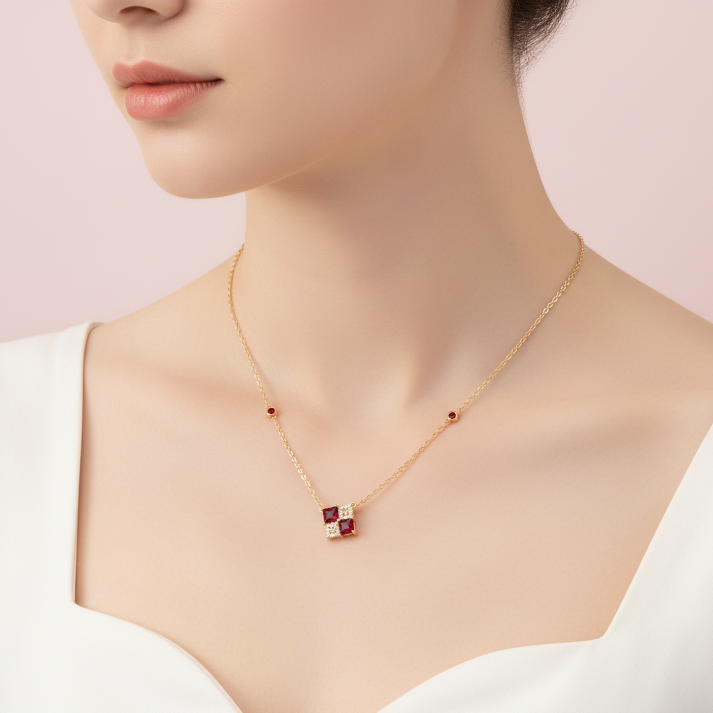 collar de cuatro piedras cuadradas rojas