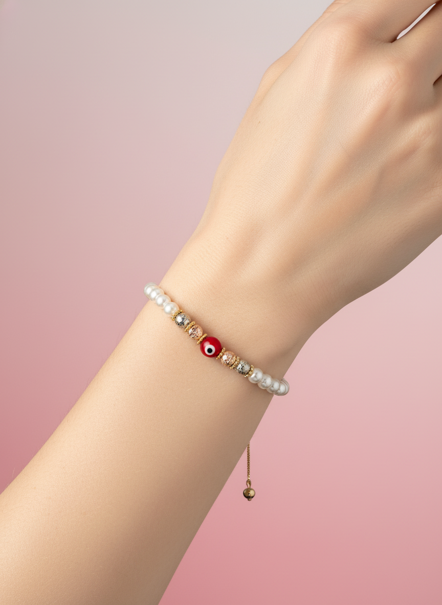 Pulsera ajustable de perlas con ojo turco rojo