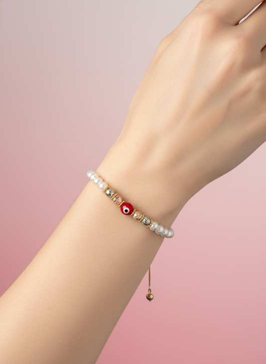 Pulsera ajustable de perlas con ojo turco rojo