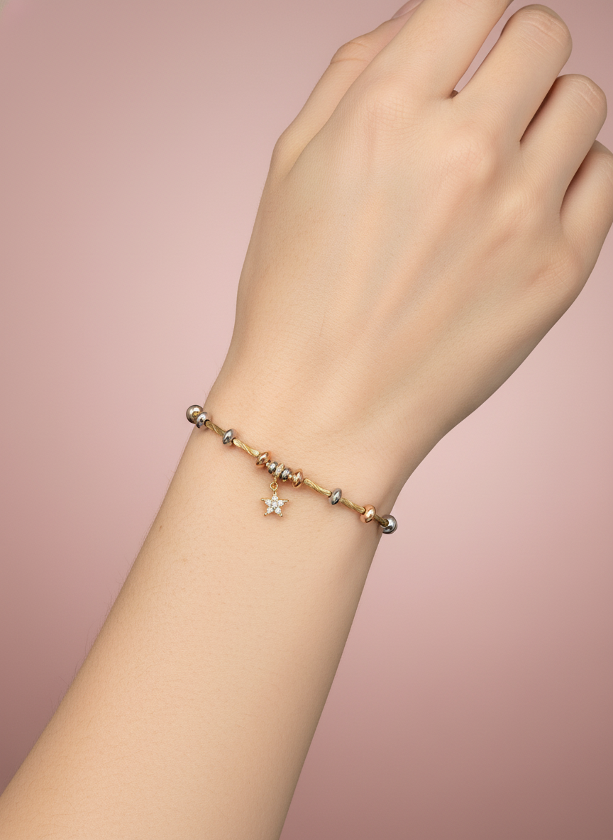 Pulsera ajustable de bolitas tricolor con dije de estrella